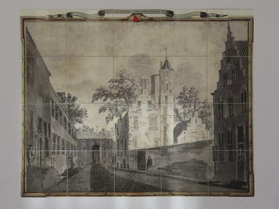 908209 Afbeelding van een tegelplateau met een replica van een tekening van Dirk van der Burg: 'De binnenzijde van de ...